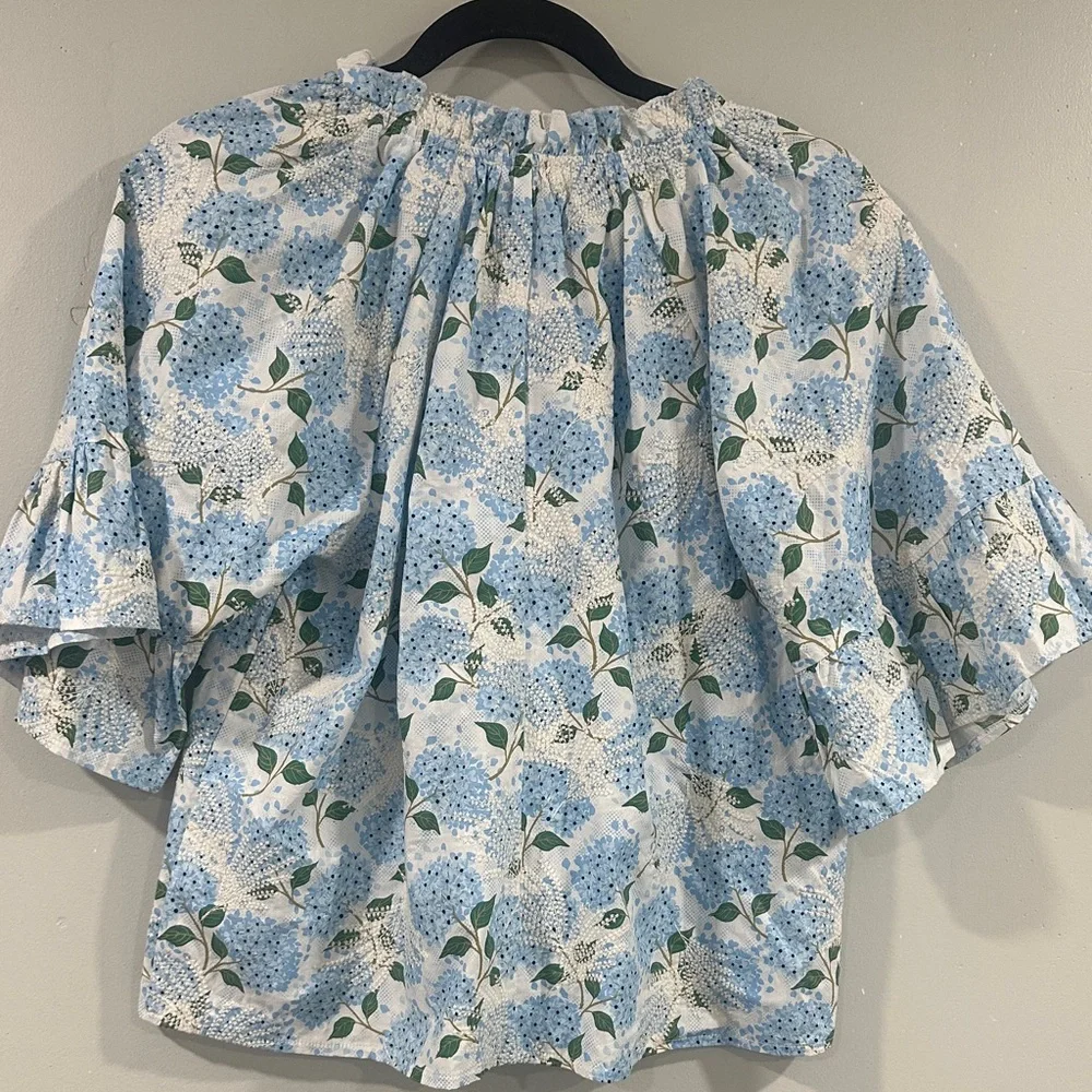 Voy Floral Print Blouse in Blue and White embroidered size S 100% cotton - Picture 5 of 10